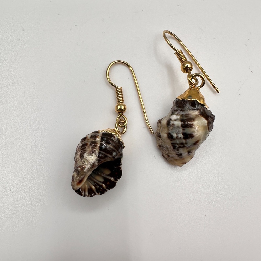 Vintage 90s‎ Natural Sea Shell Dangle Earrings Gold Tone Beach Women's Jewelry